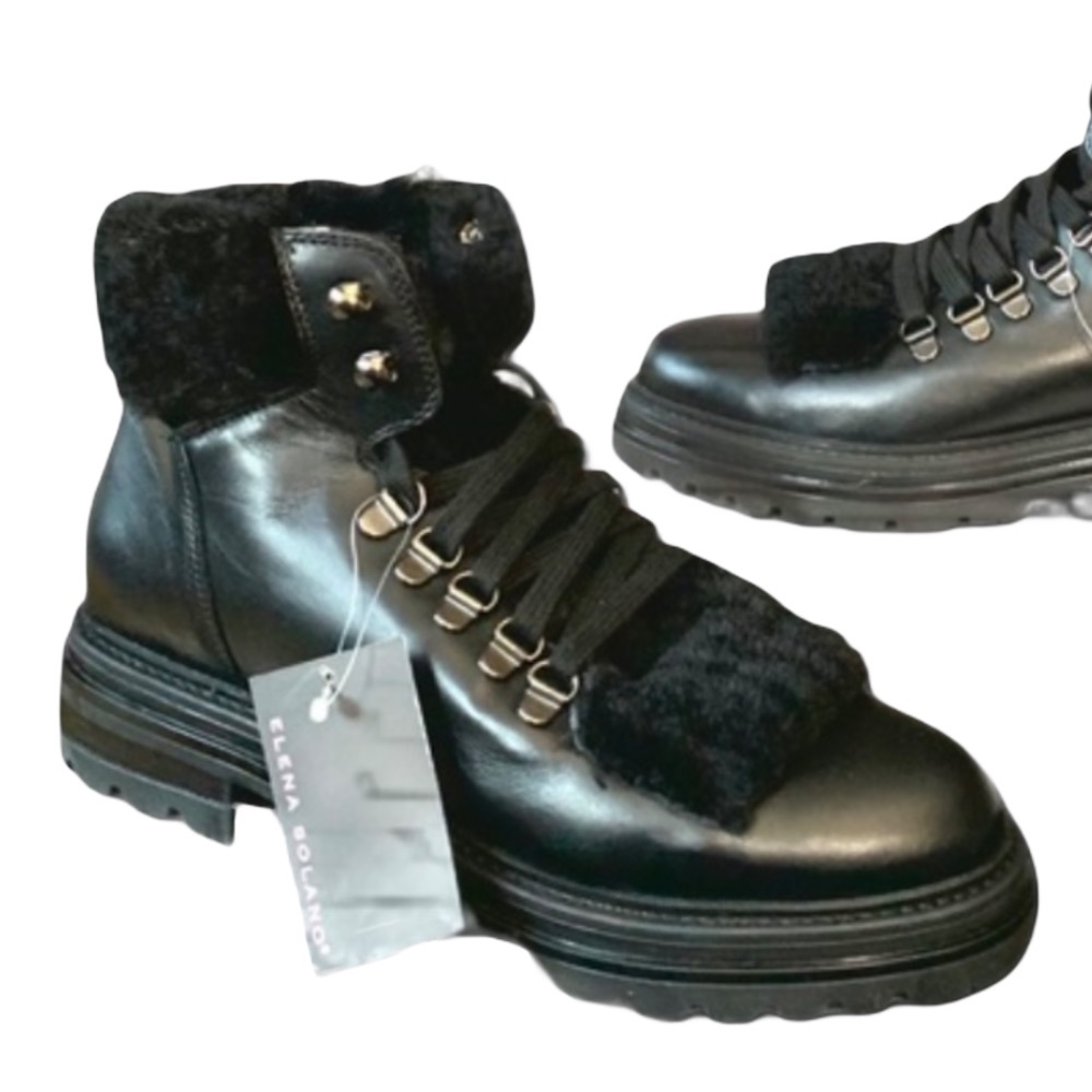 Last HTF Elena Solano Fur Leather Black Combat Ankle Boot NWT - Picture 10 of 12